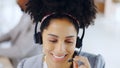 Happy woman, call center and consultant with headphones for online advice or help at office. Face of female person Royalty Free Stock Photo