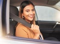 Happy woman, car and portrait with seatbelt check for road trip, travel or journey. Window, face and lady driver with Royalty Free Stock Photo