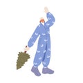 Happy woman carry Christmas fir tree and greeting New Year with hi gesture. Person hold firtree for winter holidays