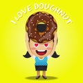 Happy woman carrying big doughnut or donuts