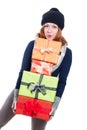 Happy woman carrying many presents