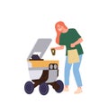 Happy woman cartoon character receiving fastfood packet and coffee delivered by robotic machine