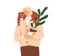 Happy woman with cat lying around neck. Pet owner with funny feline animal and potted home plant. Female and adorable