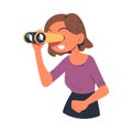 Happy Woman Character with Binoculars Looking Into the Distance with Curious Face Vector Illustration Royalty Free Stock Photo