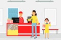 Happy Woman Character with Daughter at Cinema Buying Ticket and Popcorn Vector Illustration Royalty Free Stock Photo