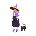 Happy Woman Character at Halloween Party Standing in Witch Costume with Black Cat Vector Illustration Royalty Free Stock Photo