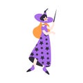 Happy Woman Character at Halloween Party Standing in Witch Costume with Magic Wand Vector Illustration Royalty Free Stock Photo