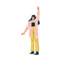 Happy Woman Character Raising Hand Up Participating in Quiz Game Vector Illustration