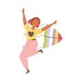Happy Woman Character Sharing Positive Vibes Flying with Bright Kite Vector Illustration