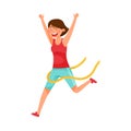 Happy Woman Character in Sportswear Running and Crossing Finishing Line Vector Illustration