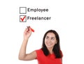 Happy woman choosing freelancer to employee at formular ticking box with red marker Royalty Free Stock Photo