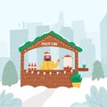 Happy woman in Christmas market stall waving hand and selling mulled wine - flat vector illustration.