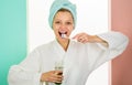 Happy woman cleaning teeth with Toothbrush and Toothpaste. Whitening teeth. Oral care. Dental higiene. Morning Royalty Free Stock Photo