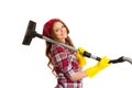 Happy woman cleans with vacuum cleaner isolated over white background Royalty Free Stock Photo