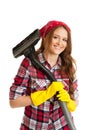 Happy woman cleans with vacuum cleaner isolated over white background Royalty Free Stock Photo