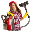 Happy woman cleans with vacuum cleaner isolated over white background