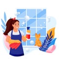 Happy woman cleans window. Young girl with red cat makes housework. Vector flat cartoon character illustration Royalty Free Stock Photo