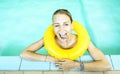 Happy woman at swimming pool with bigmouth expression Royalty Free Stock Photo