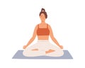 Happy woman with closed eyes sitting in lotus position practicing yoga vector flat illustration. Smiling female with