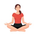 Happy woman with closed eyes sitting in lotus position practicing yoga vector flat illustration. Smiling female with crossed legs Royalty Free Stock Photo