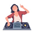 Happy woman club DJ mixing modern music at console mixer at party cartoon vector illustration Royalty Free Stock Photo