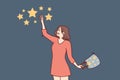 Happy woman collects stars from sky and folds bag for metaphor for finding success and good luck