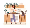 Happy woman cooking dietary vegetarian salad in kitchen vector flat illustration. Smiling female character mixing