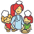 Happy woman cooking with kids, mother with daughter and son on kitchen, bakery family concept.
