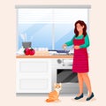 Happy woman cooking scrambled eggs in kitchen. Young girl with red cat makes tasty breakfast. Vector illustration Royalty Free Stock Photo