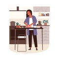 Happy woman cooking turkey in modern kitchen vector flat illustration. Smiling housewife preparing chicken with spices