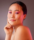 Happy woman, cosmetic makeup and natural facial skincare wellness. Portrait of young asian girl face, smile and feminine Royalty Free Stock Photo