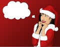 Happy woman in costume of Santa Claus looking up and dreaming. Royalty Free Stock Photo