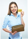 Happy woman credit card. woman`s wallet.