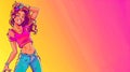 Happy woman in crop top and jeans on magenta background, dance, copy space