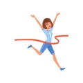 Happy woman crossing red finish tape. Young athletic girl taking part in running competition. Flat vector design