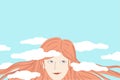 Happy woman daydreaming with her head in the clouds