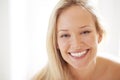 Happy woman, dermatology and portrait for closeup in home for skincare, beauty and cosmetics. Person, hair and face with