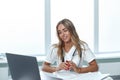 Happy woman doctor consult patient client online, medicine and technology concept. Royalty Free Stock Photo