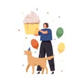Happy woman and dog with huge cake for birthday party. Person with pet celebrating holiday with big cupcake, balloons