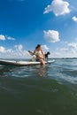 happy woman with dog on supboard