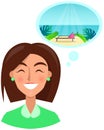 Happy woman dreams about traveling. Joyful girl looking forward to rest, summer recreation, vacation