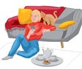 Happy woman dressed in red sweater and jeans looking in her phone while sitting on the floor and leaning on the sofa