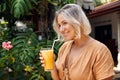 Happy Woman Drink Exotic Yellow Smoothie Cocktail