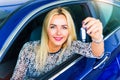 Happy woman driver holding auto keys in her car Royalty Free Stock Photo