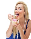 Happy woman eating ice cream Royalty Free Stock Photo