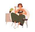 Happy woman eating sushi rolls, sitting and relaxing in armchair alone. Girl resting, enjoying delivered takeaway Asian