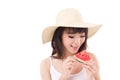 Happy woman eating watermelon, summer time