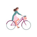 Happy Woman In Elegant Dress Riding Bicycle With Flower Basket Vector Flat Illustration