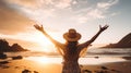 Happy woman enjoy freedom at the beach at sunset, serenity in nature