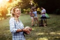 Happy woman enjoying camping Royalty Free Stock Photo